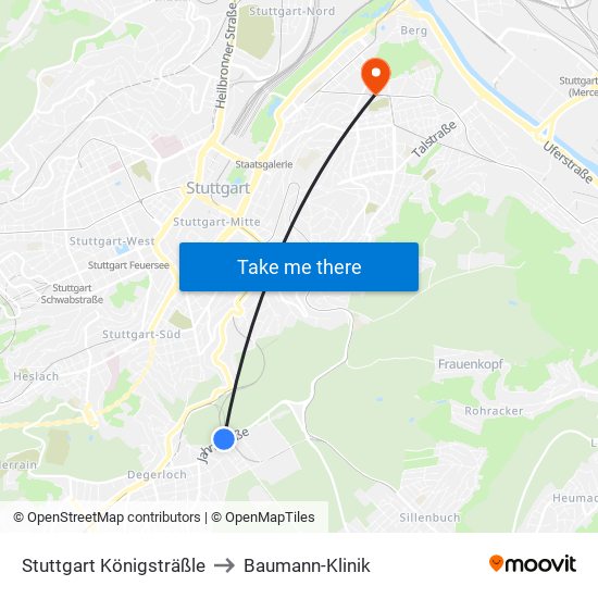 Stuttgart Königsträßle to Baumann-Klinik map