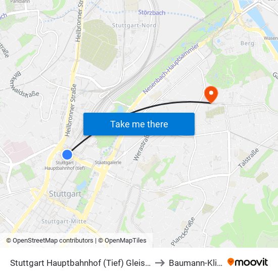 Stuttgart Hauptbahnhof (Tief) Gleis 102 to Baumann-Klinik map