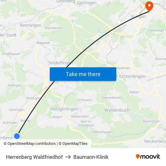 Herrenberg Waldfriedhof to Baumann-Klinik map