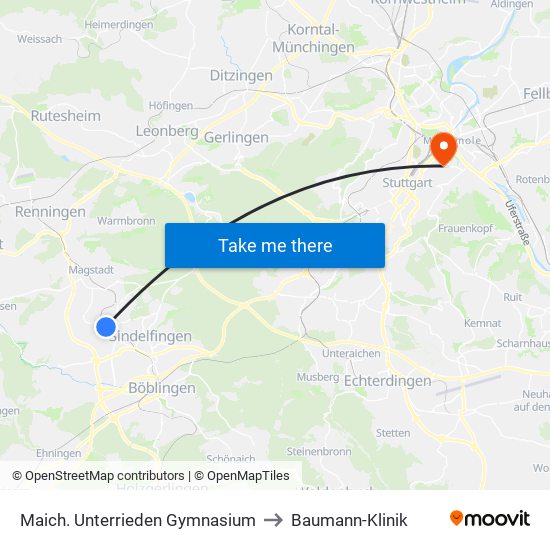 Maich. Unterrieden Gymnasium to Baumann-Klinik map