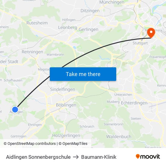 Aidlingen Sonnenbergschule to Baumann-Klinik map