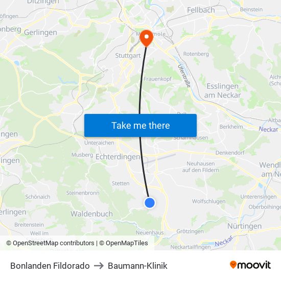 Bonlanden Fildorado to Baumann-Klinik map