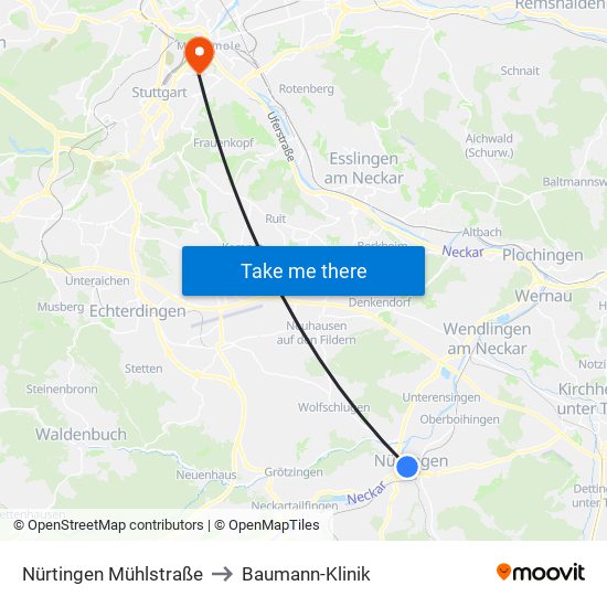 Nürtingen Mühlstraße to Baumann-Klinik map