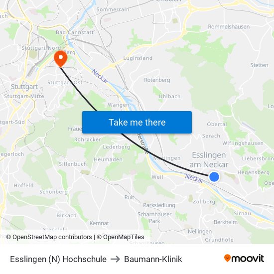 Esslingen (N) Hochschule to Baumann-Klinik map