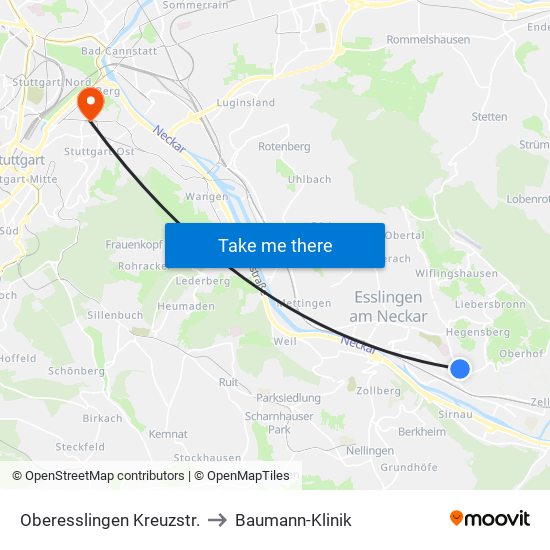 Oberesslingen Kreuzstr. to Baumann-Klinik map