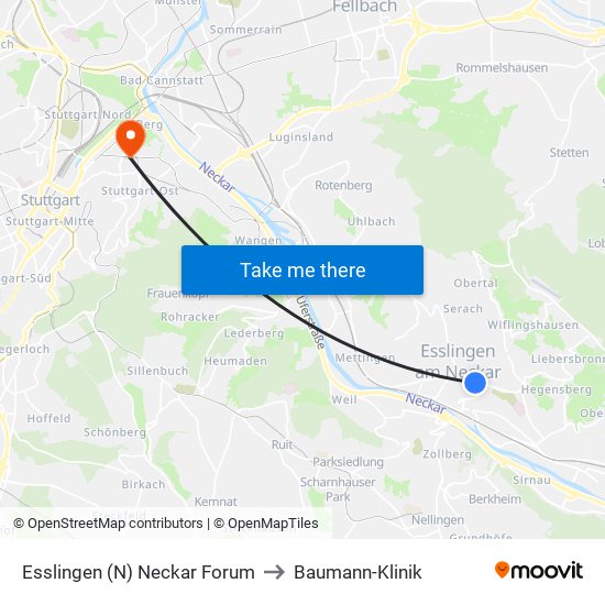 Esslingen (N) Neckar Forum to Baumann-Klinik map