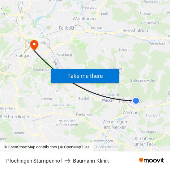 Plochingen Stumpenhof to Baumann-Klinik map