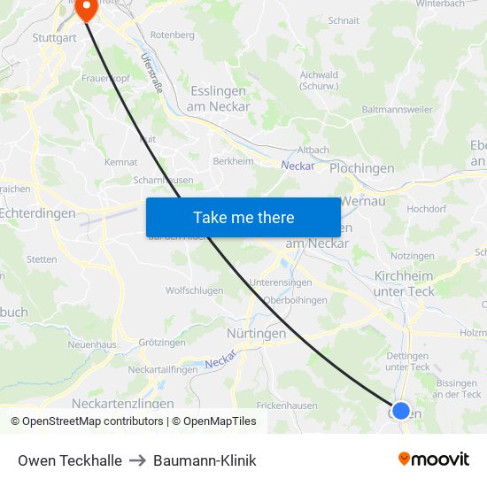 Owen Teckhalle to Baumann-Klinik map