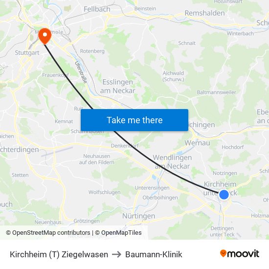 Kirchheim (T) Ziegelwasen to Baumann-Klinik map