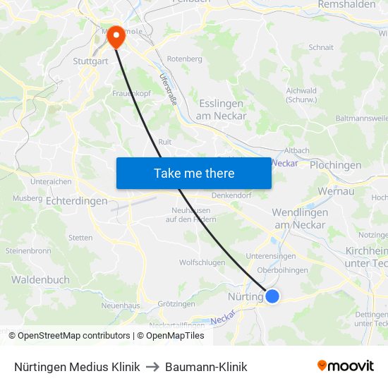 Nürtingen Medius Klinik to Baumann-Klinik map