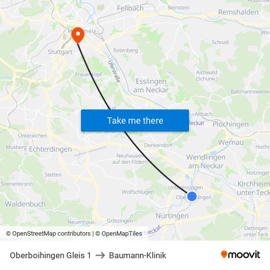 Oberboihingen Gleis 1 to Baumann-Klinik map