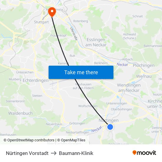 Nürtingen Vorstadt to Baumann-Klinik map