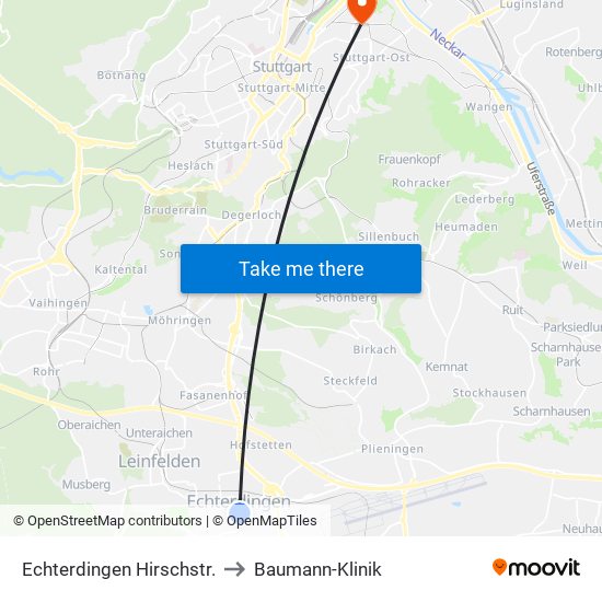 Echterdingen Hirschstr. to Baumann-Klinik map