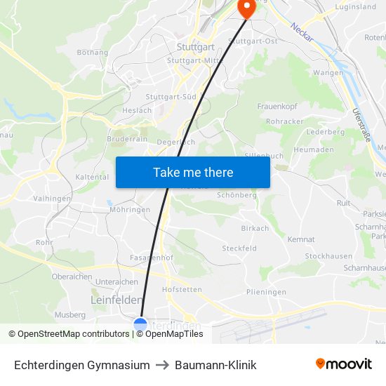 Echterdingen Gymnasium to Baumann-Klinik map