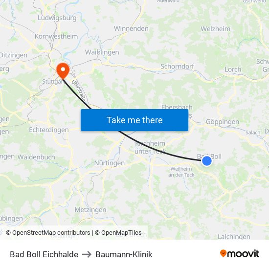 Bad Boll Eichhalde to Baumann-Klinik map