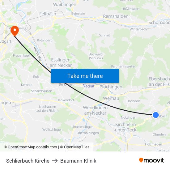 Schlierbach Kirche to Baumann-Klinik map