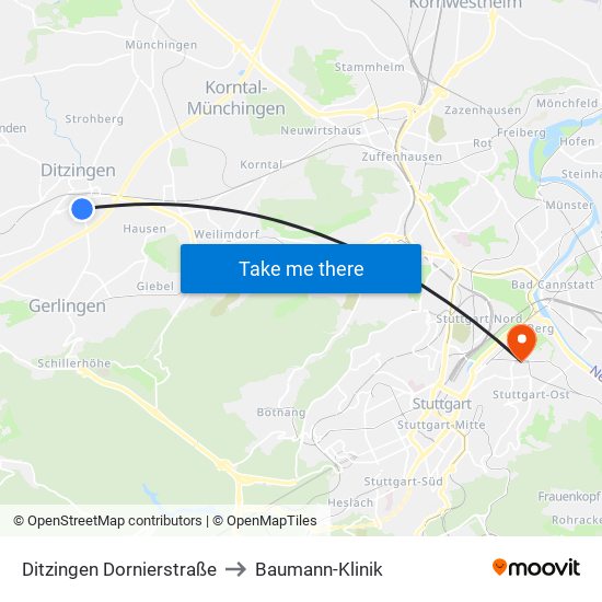 Ditzingen Dornierstraße to Baumann-Klinik map