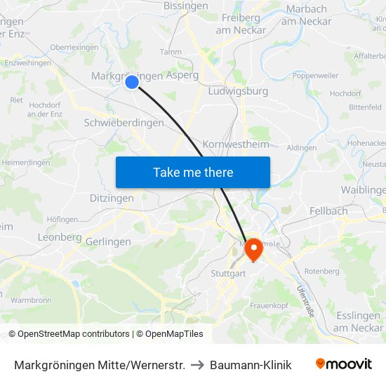 Markgröningen Mitte/Wernerstr. to Baumann-Klinik map