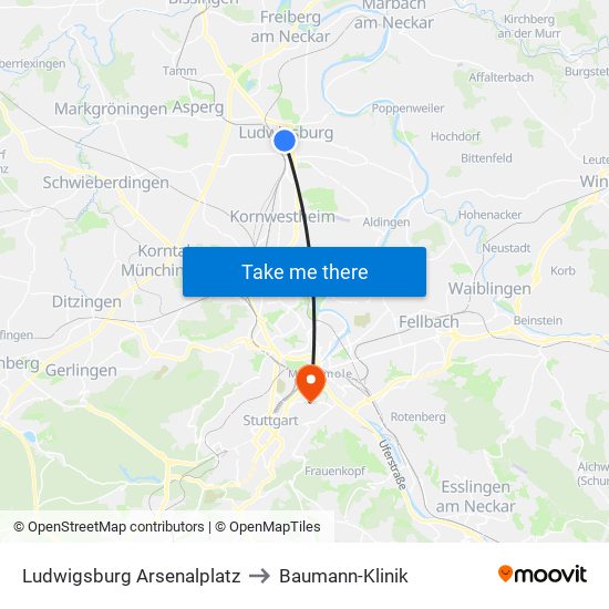 Ludwigsburg Arsenalplatz to Baumann-Klinik map