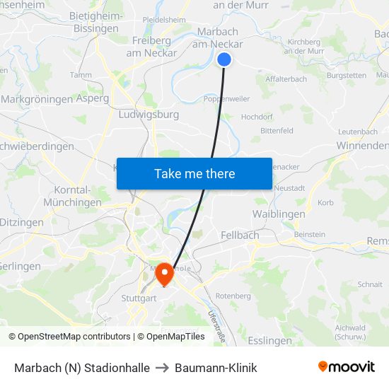 Marbach (N) Stadionhalle to Baumann-Klinik map