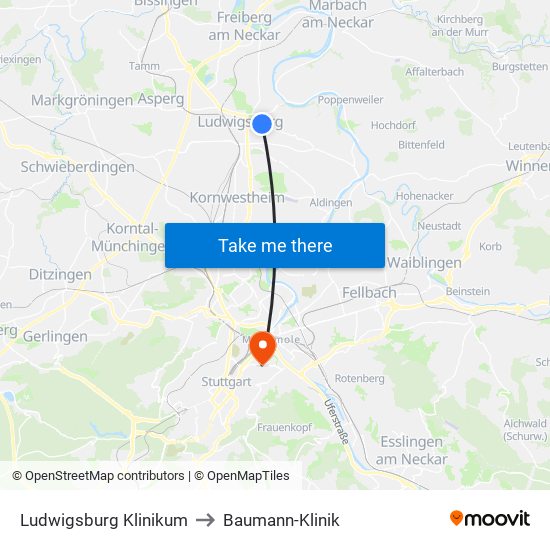 Ludwigsburg Klinikum to Baumann-Klinik map