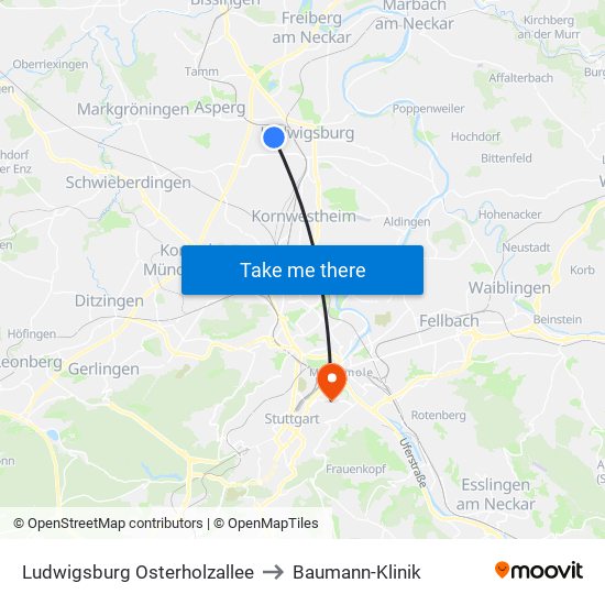 Ludwigsburg Osterholzallee to Baumann-Klinik map