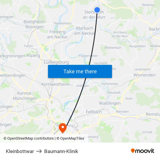 Kleinbottwar to Baumann-Klinik map