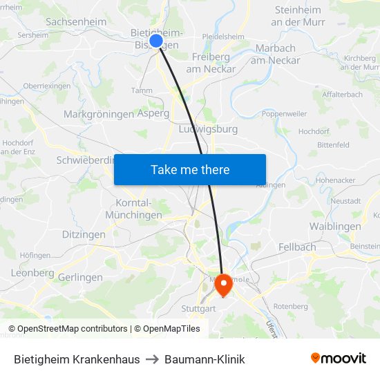 Bietigheim Krankenhaus to Baumann-Klinik map