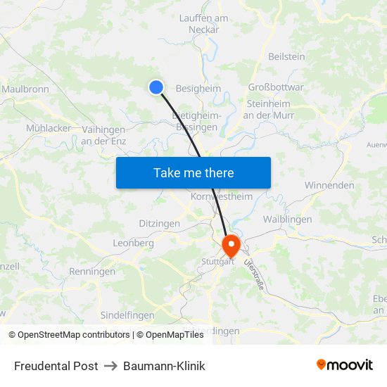 Freudental Post to Baumann-Klinik map