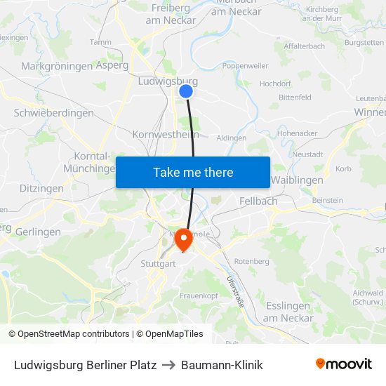 Ludwigsburg Berliner Platz to Baumann-Klinik map