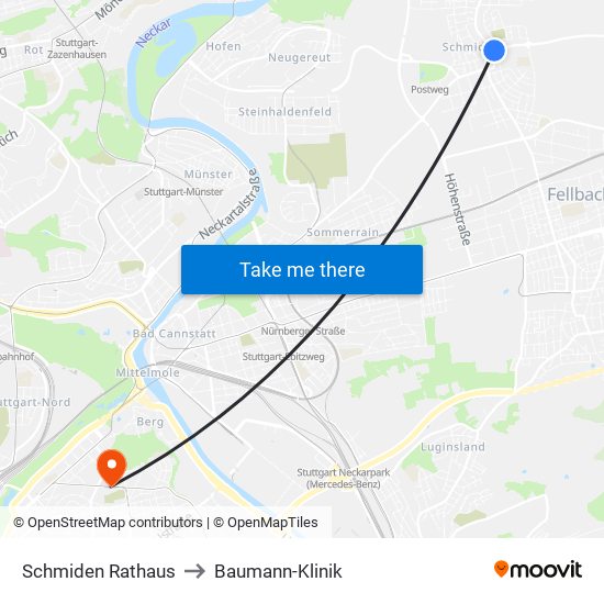 Schmiden Rathaus to Baumann-Klinik map