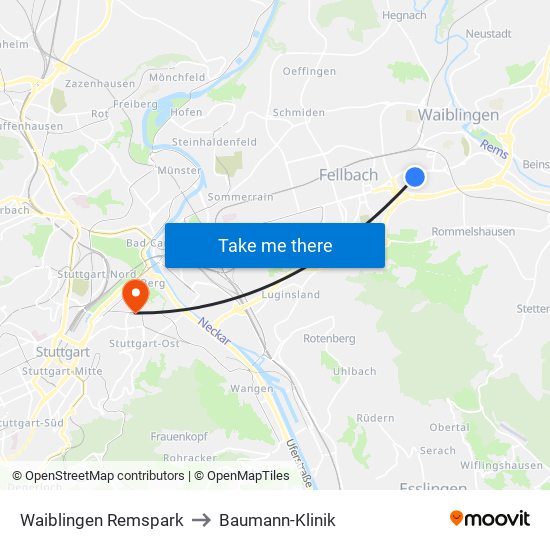 Waiblingen Remspark to Baumann-Klinik map