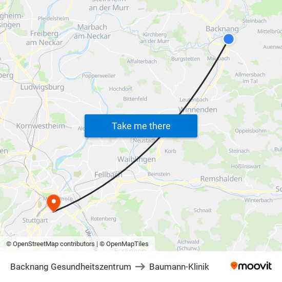 Backnang Gesundheitszentrum to Baumann-Klinik map