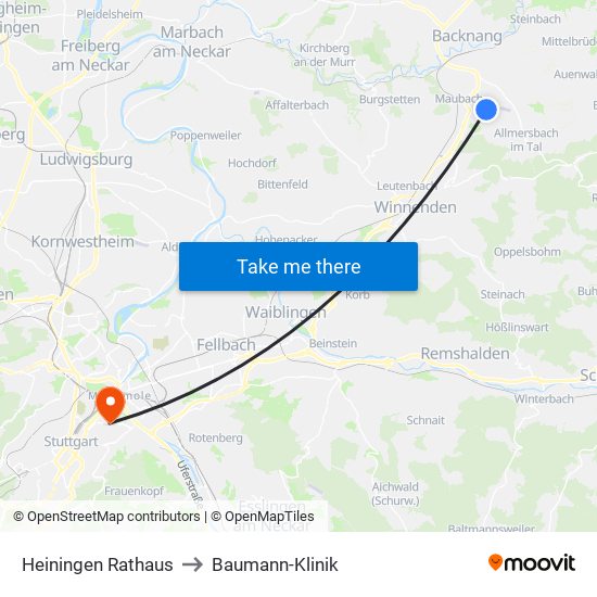 Heiningen Rathaus to Baumann-Klinik map