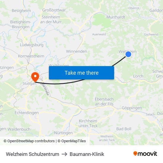 Welzheim Schulzentrum to Baumann-Klinik map