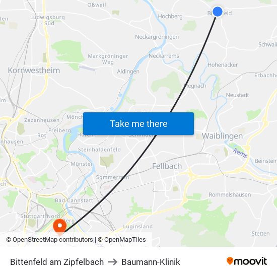 Bittenfeld am Zipfelbach to Baumann-Klinik map