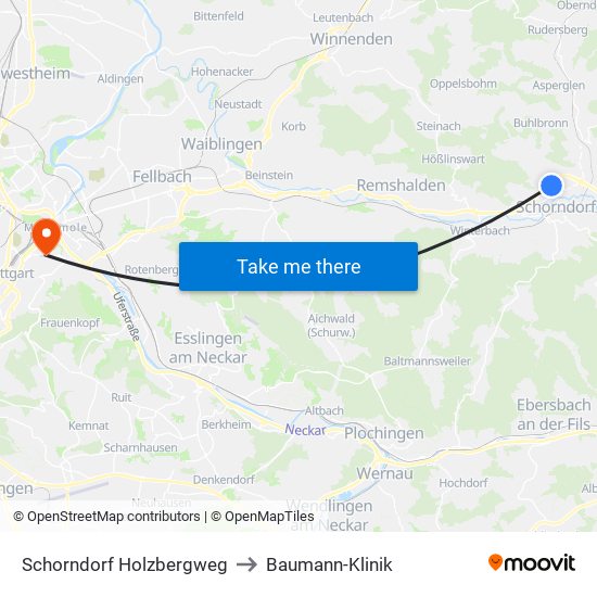 Schorndorf Holzbergweg to Baumann-Klinik map