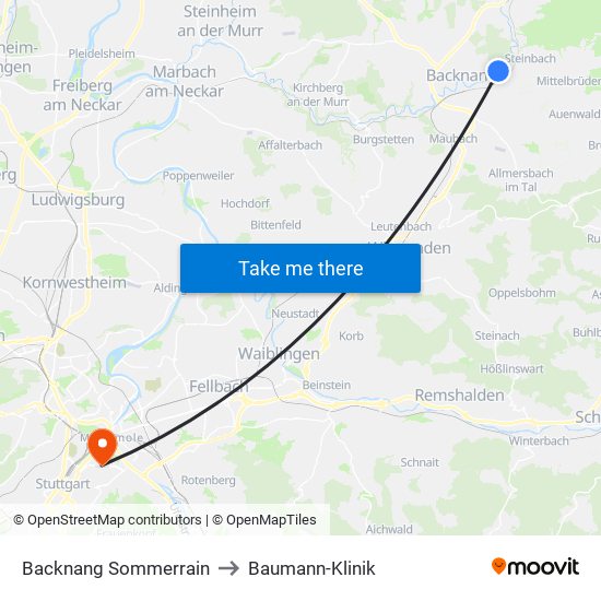 Backnang Sommerrain to Baumann-Klinik map