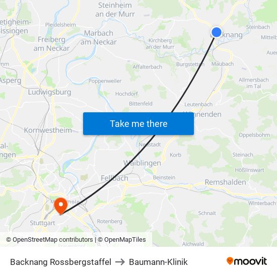 Backnang Rossbergstaffel to Baumann-Klinik map