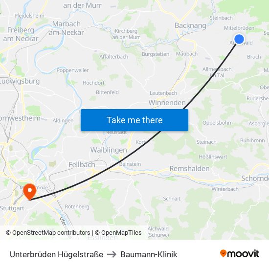 Unterbrüden Hügelstraße to Baumann-Klinik map