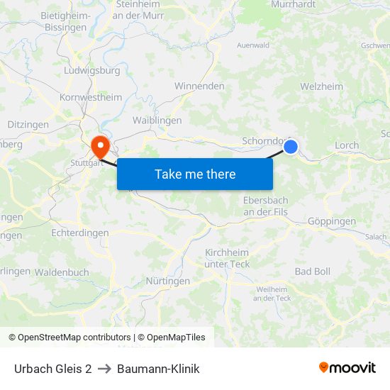 Urbach Gleis 2 to Baumann-Klinik map