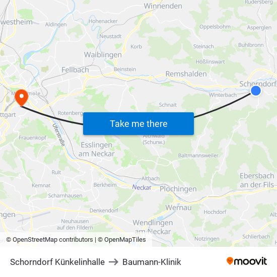 Schorndorf Künkelinhalle to Baumann-Klinik map