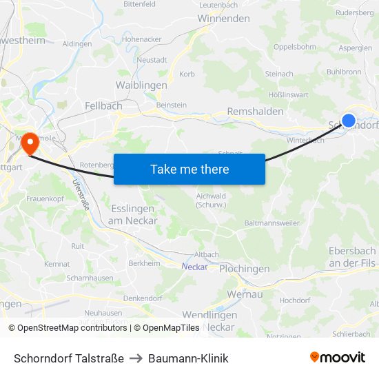 Schorndorf Talstraße to Baumann-Klinik map