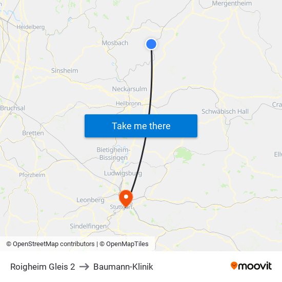 Roigheim Gleis 2 to Baumann-Klinik map