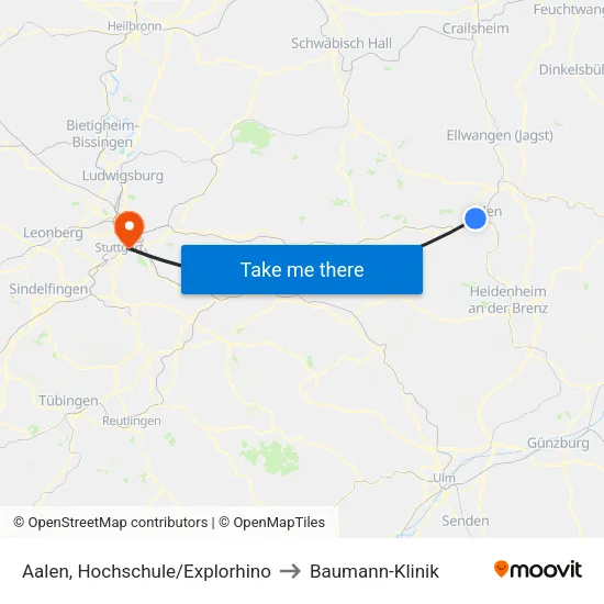 Aalen, Hochschule/Explorhino to Baumann-Klinik map