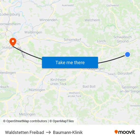 Waldstetten Freibad to Baumann-Klinik map