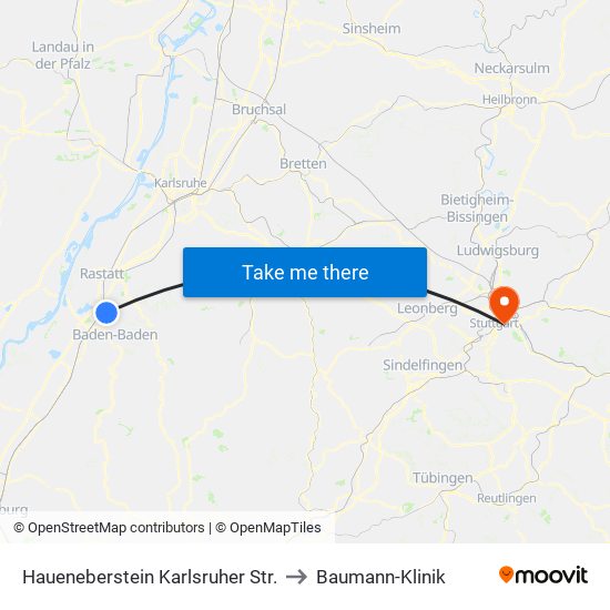Haueneberstein Karlsruher Str. to Baumann-Klinik map