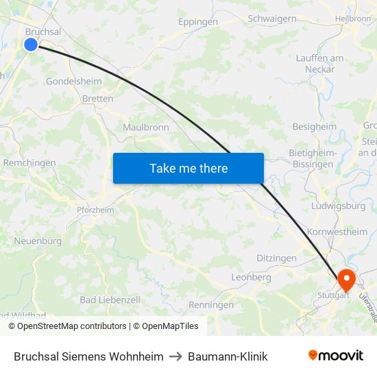 Bruchsal Siemens Wohnheim to Baumann-Klinik map