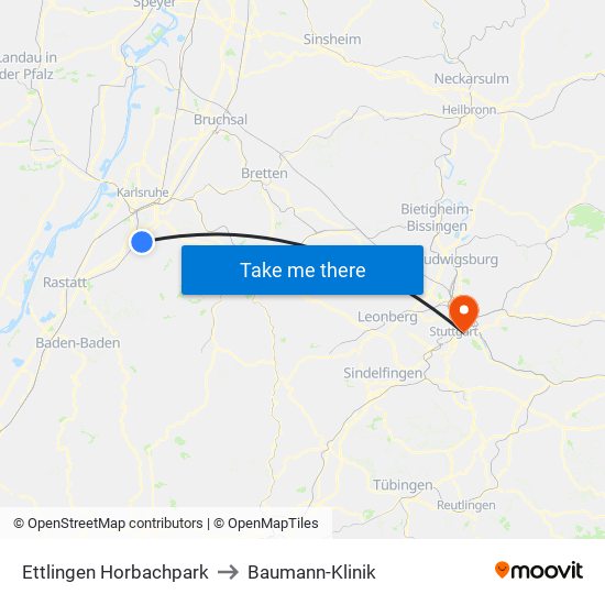 Ettlingen Horbachpark to Baumann-Klinik map