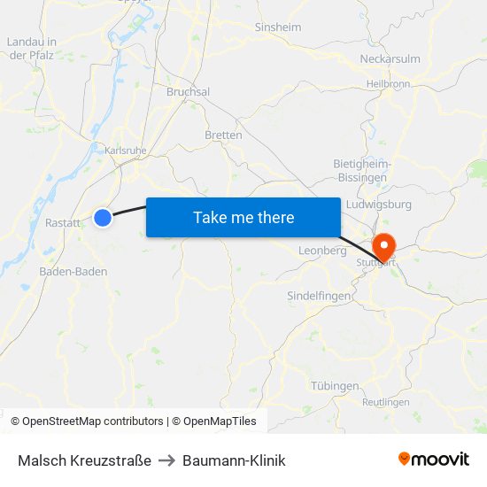 Malsch Kreuzstraße to Baumann-Klinik map